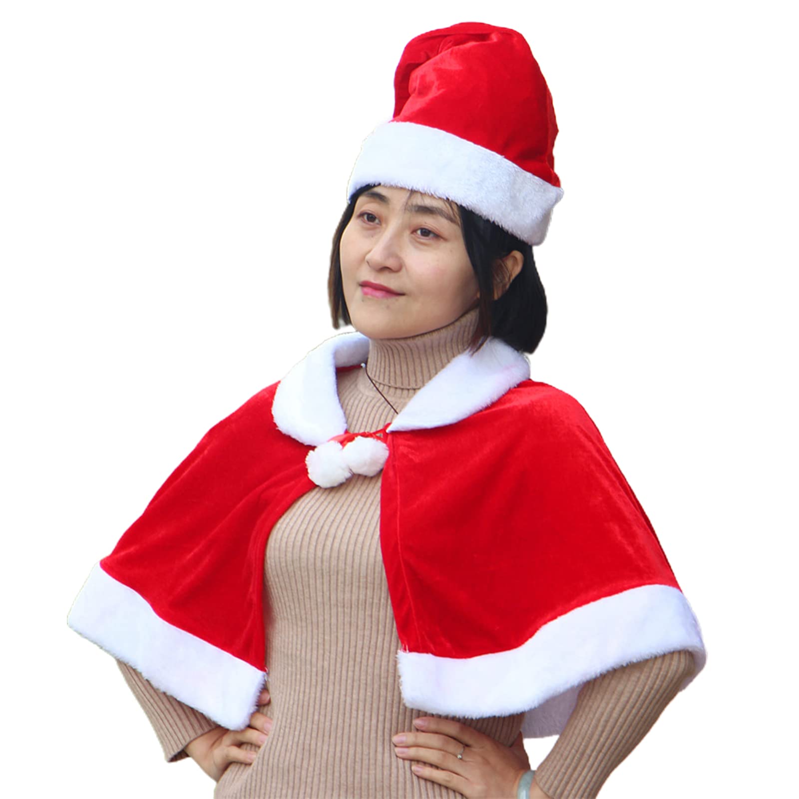 FeMereina Christmas Red Velvet Shawl Cloak Cape Mrs Santa Cape Robe Halloween Carnival Dress up Cosplay Costume for Kid with Hat (Cloak + Hat Adult Style, One Size) — image 1