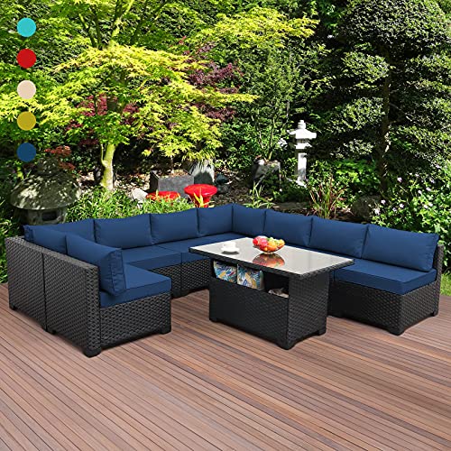 9 Pieces Patio Furniture Sectional Sofa Outdoor Wicker Furniture Couch Set With Blue Non-Slip Cushions Furniture Cover Black Pe Rattan #TOP23