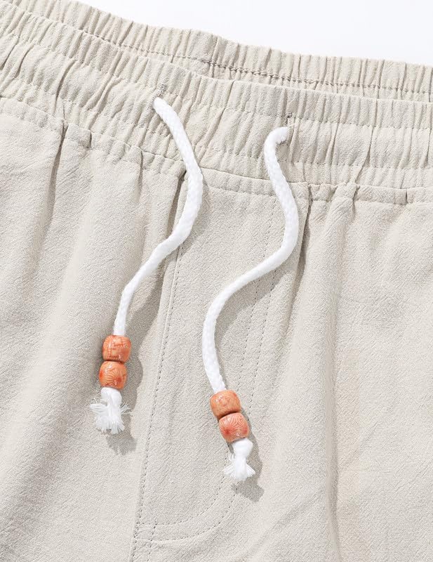 Men's Cotton Linen Shorts 9 inch Drawstring Casual Elastic Waist Summer Beach with Pockets - Image 5