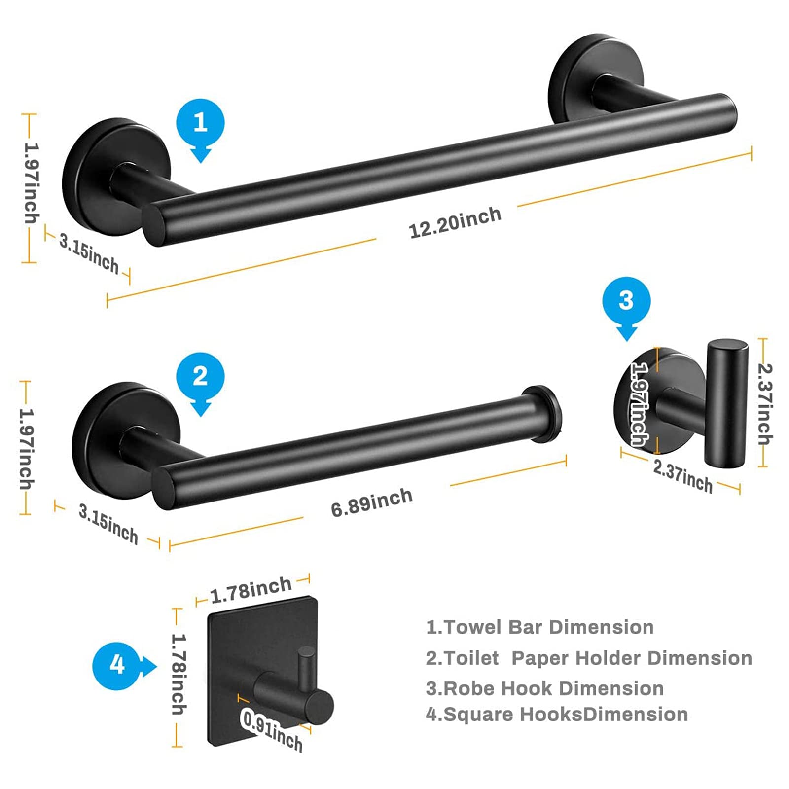Toallero Baño - 5 Piezas Juego De Accesorios Baño Toallero Barra + Portarrollos para Papel Higiénico +3 Perchas, Acero Inoxidable, Instalación del Agujero, Adecuado para Baño-Cocina,Negro