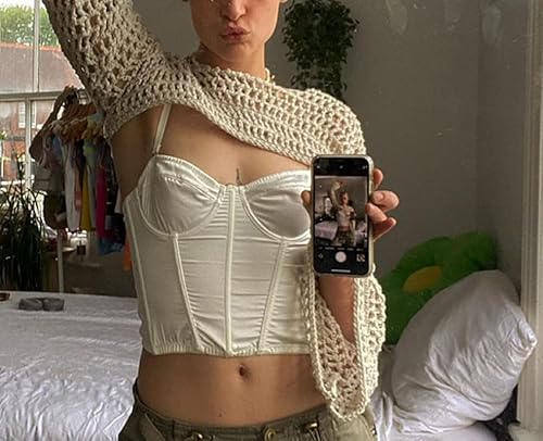 Y2K Knit Long Sleeve Shrug Crop Top Cut Out Crochet Bolero Tops See Through Sweater Harajuku Vintage Streetwear Off-White #TOP1