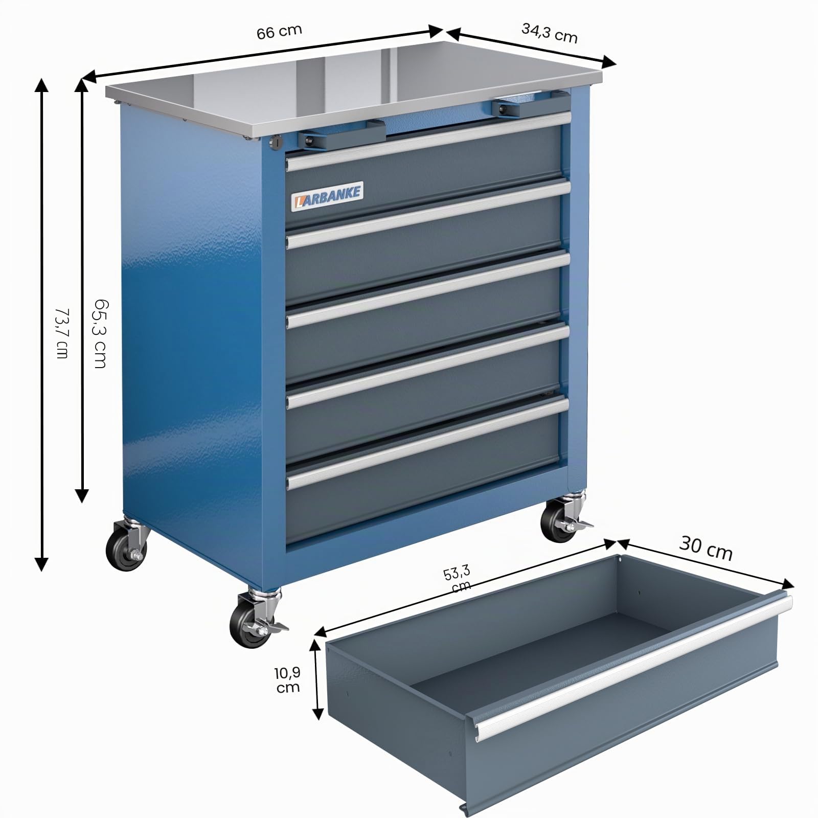 LARBANKE Gabinete de Herramientas de 5 cajones,Armario de Herramientas con Ruedas y Almohadillas para pies,Carro de Herramientas con Sistema de Bloqueo con Llave y Parte Superior de Acero Inoxidable