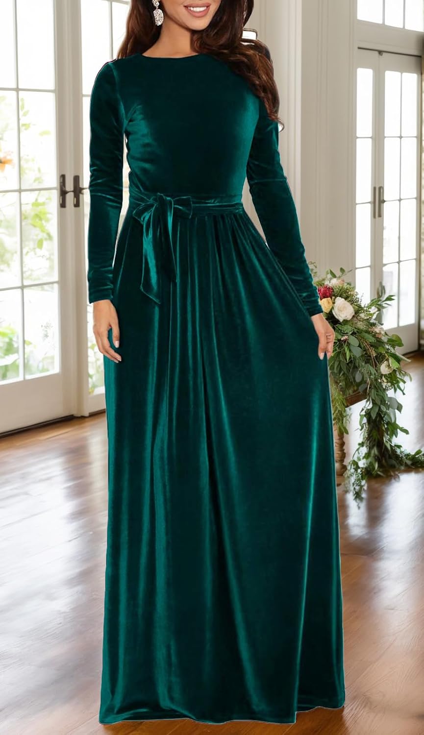 BestGirl Women's Velvet Maxi Dress Crew Neck Long Sleeve High Waist with Belt Cocktail Party Bridesmaid Dresses - Image 3