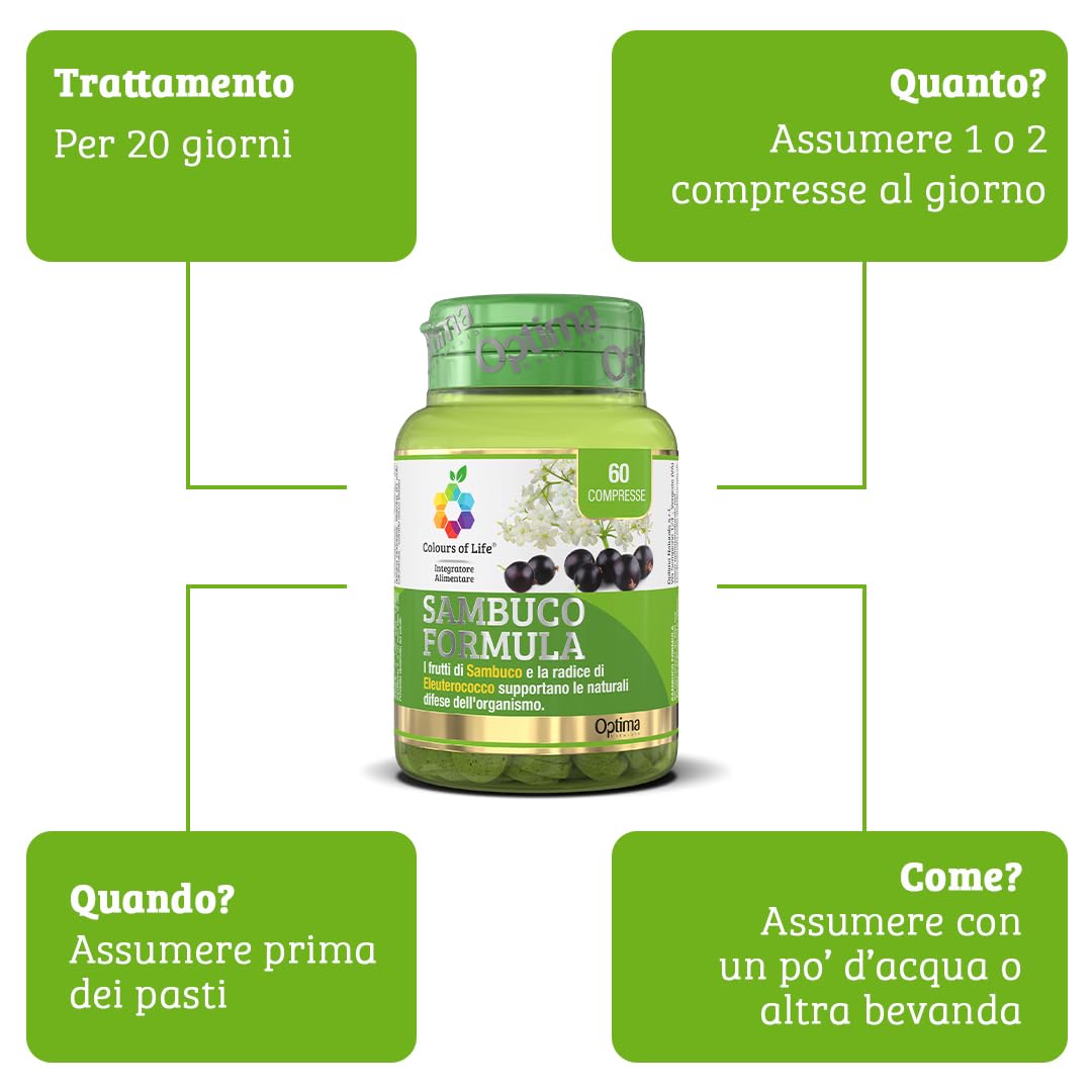 Colours Of Life Sambuco Formula - integratore alimentare a base di Sambuo ed Eleuterococco, aiuta a rafforzare le naturali difese dell'organismo, 60 compresse