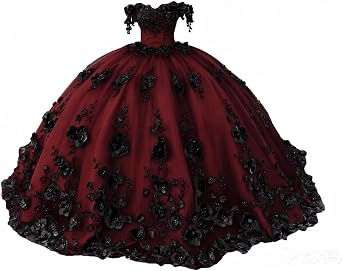 Asulla Black 3D Flower Quinceanera Dress with Train Gothic Ball Gown