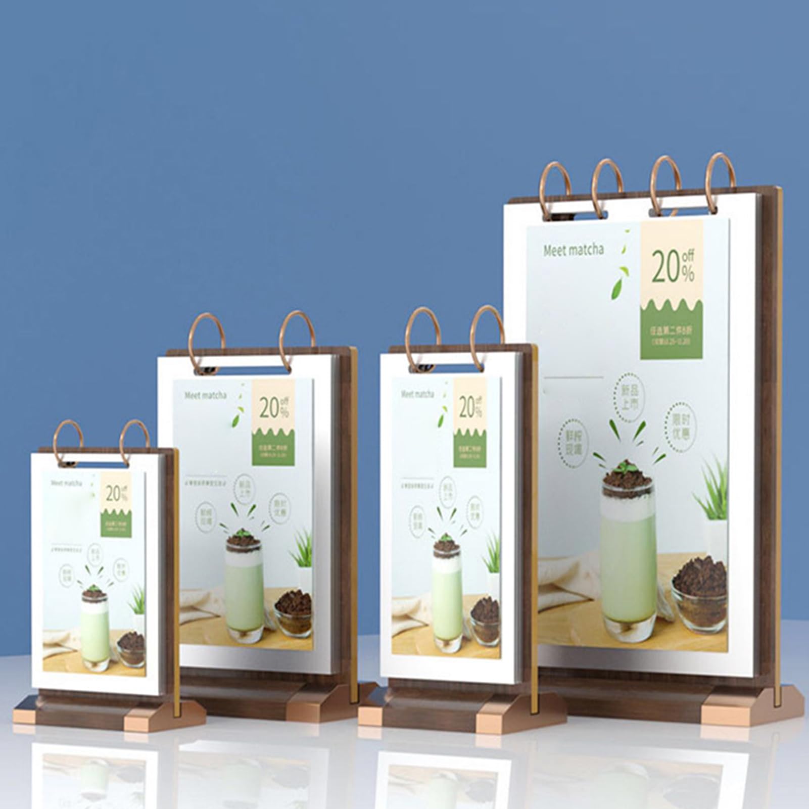 2 espositori da tavolo A4/A5/A6 con base in legno, 6 lati da capovolgere, supporto da tavolo A4/A5/A6, in legno, porta menù (14,8 x 21 cm)