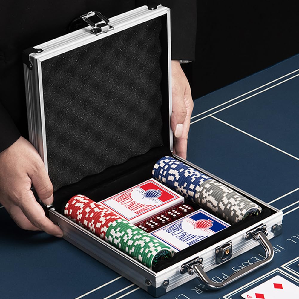 BAKAJI Juego de maletín de póquer de Aluminio, Paquete de Juego Profesional con 2 Barajas de Cartas, 5 Dados, botón del Distribuidor, Maleta Ideal para Texas Hold'em y Blackjack (100