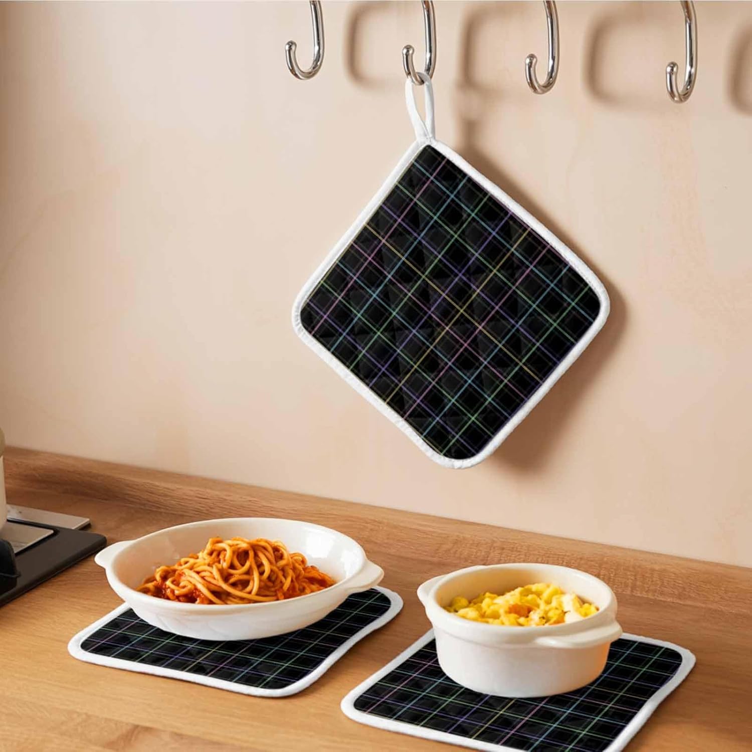 Black Geometric Pot Holders for Kitchen Heatproof Potholder, 5 Pack Vintage Grid Plaid Colorful Lines Hot Pads Multipurpose Oven Pads Cloth Potholders Trivet for Cooking Baking