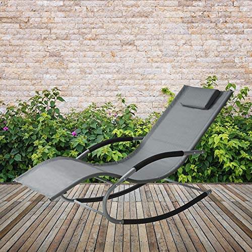 TRUESHOPPING Rocking Patio Sun Lounger - Grey Weather UV Resistant Textilene Fabric with Integral Pillow, Relaxing Gentle Rocking Motion, Padded Armrests, Sturdy Steel Frame