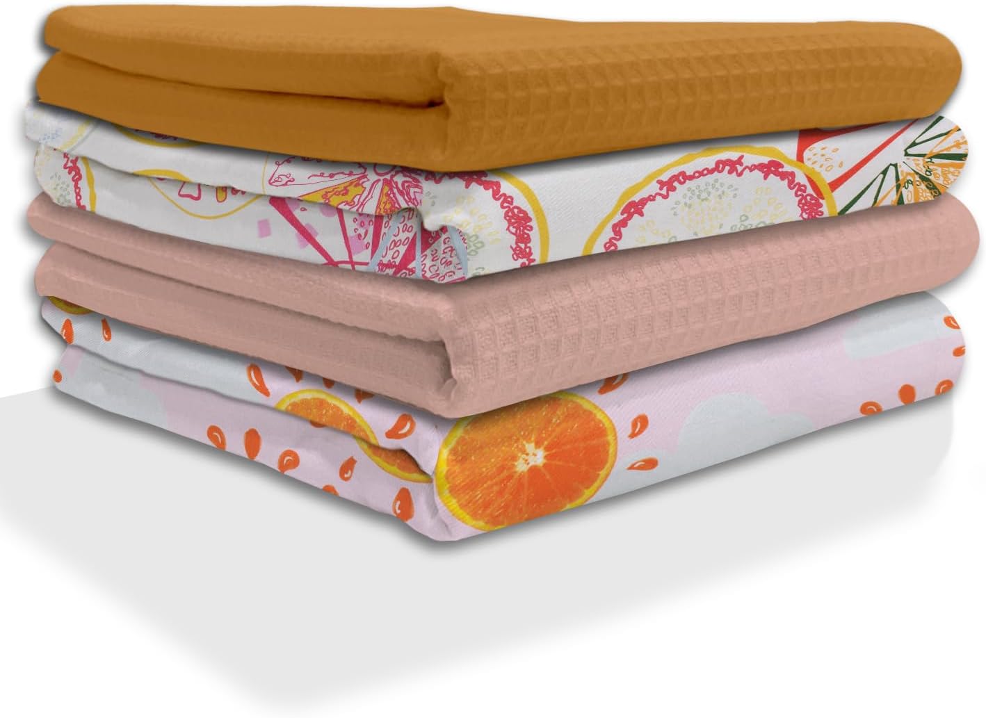 100% Cotton Kitchen Towels Set of 4 | 2 Solid Dyed Waffle Weave Dishcloths & Citrus Digital Kitchen & Table Linen Cloth | Super Absorbent Napkins | 50 x 70 Inches - Pastels