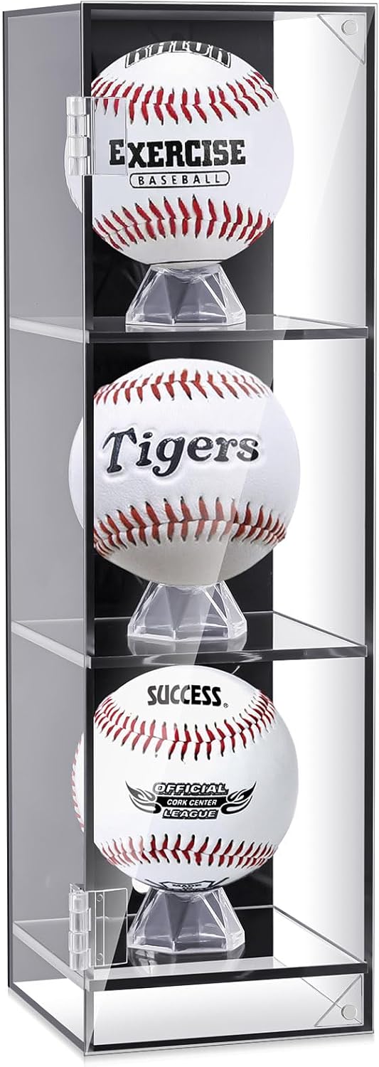 3 Baseball Display Case Cabinet Wall Mount Clear Acrylic Ball Shadow Box for Baseball Tennis Ball Box with Removable Ball Stand Holder Collector Memorabilia Autograph Display Box