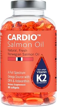 Cardio Omega 3 Fish Oil & Vitamin K2-1000mg, Norwegian Salmon Oil with EPA, DHA, DPA & Astaxanthin, No Fishy Aftertaste, Fatty Acids Supplement - 90 Capsules