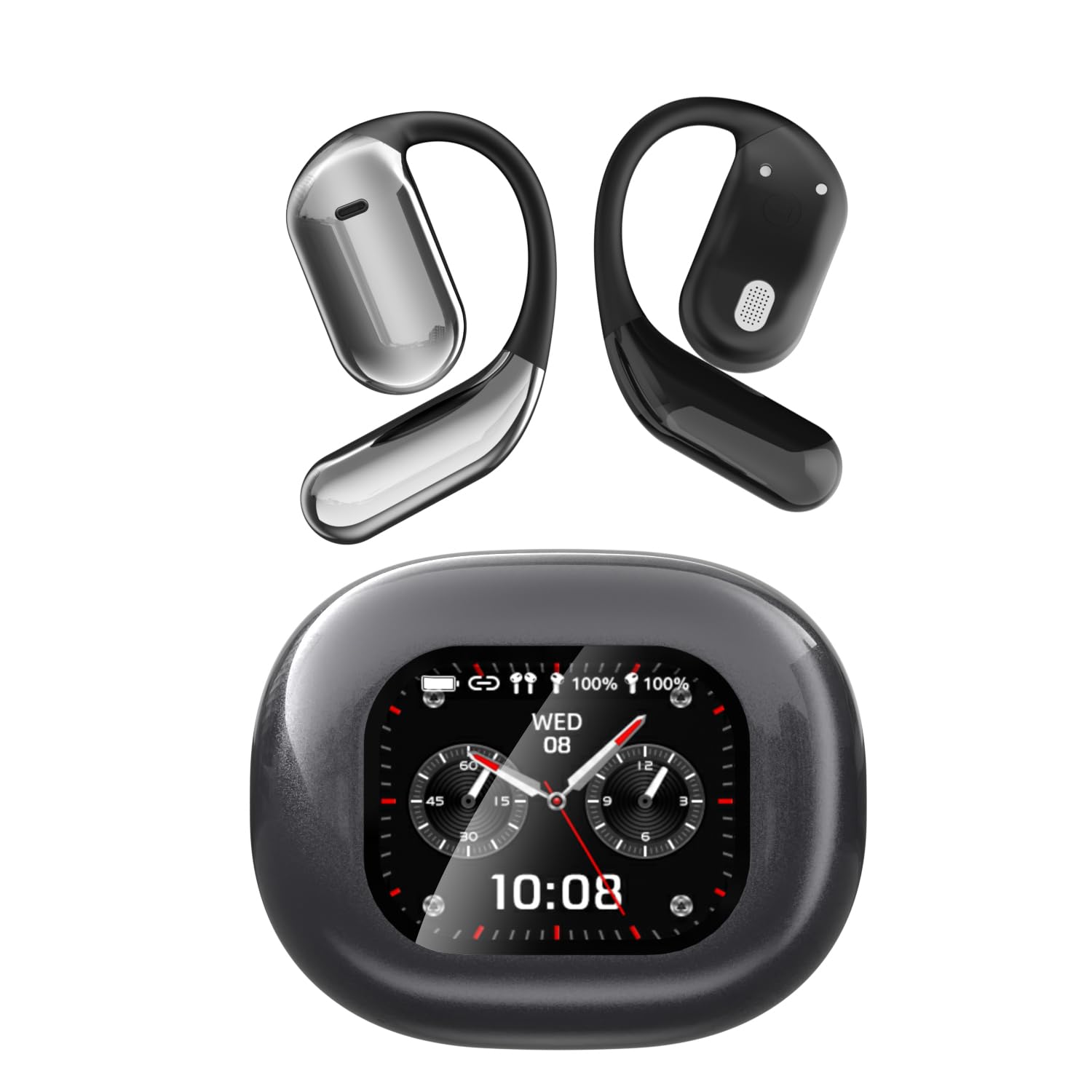 Auricolari aperti wireless Bluetooth 5.4, cuffie touch screen intelligenti, 50 ore di riproduzione, gancio per l'orecchio ergonomico, microfono integrato, custodia di ricarica con display a