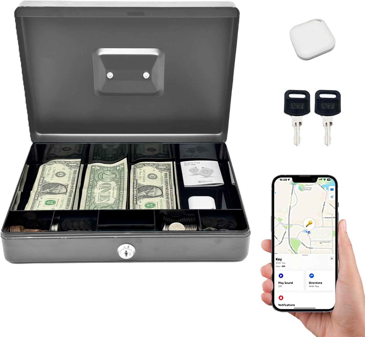 Cash Box with LockL with Smart Tag have Tracking cash box with money tray,money box with Key,Durable Metal money box for cash Lock box for Business Home Travel Secure Storage (Portable, Anti-Theft)