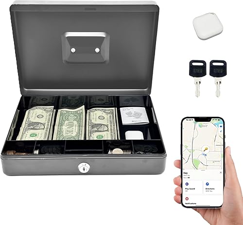 Vista 10 de Caja de efectivo con etiqueta inteligente con caja de seguimiento con bandeja de dinero, caja de dinero con llave, caja de dinero de metal duradero
