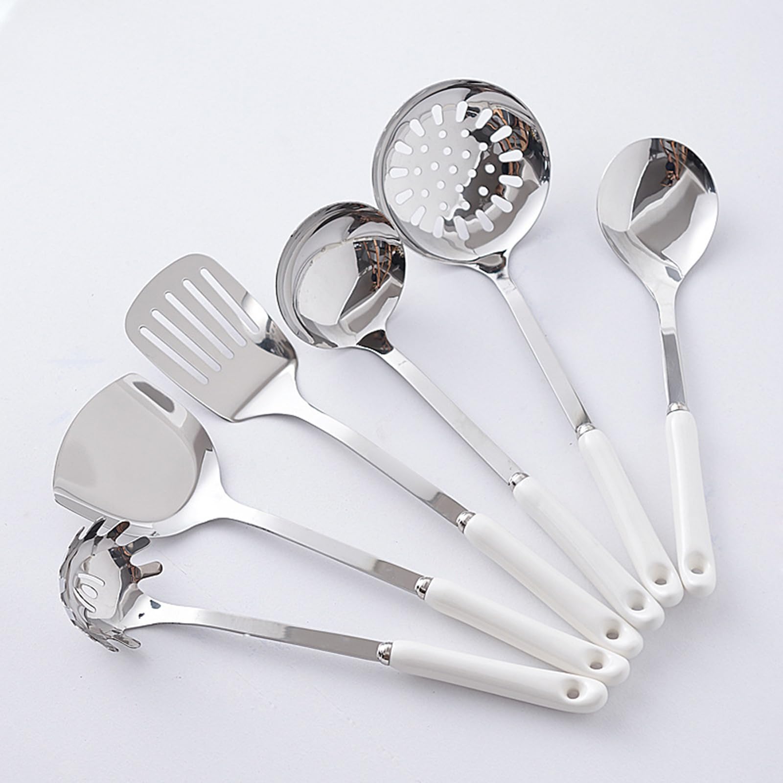 Juego De 7 Utensilios De Cocina De Metal, Juego De Utensilios De Cocina De Acero Inoxidable 304 Pulido Espejo con Soporte, Mango De Cerámica Resistente Al Calor, Apto para Lavavaji