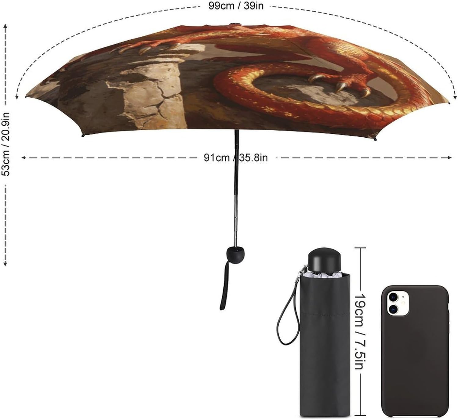 Dragon Printed Exterior 5 Fold Umbrella,Windproof Travel Umbrella for Sun Protection, Small Portable,Compact Umbrellas for Travel, Purse Or Backpack