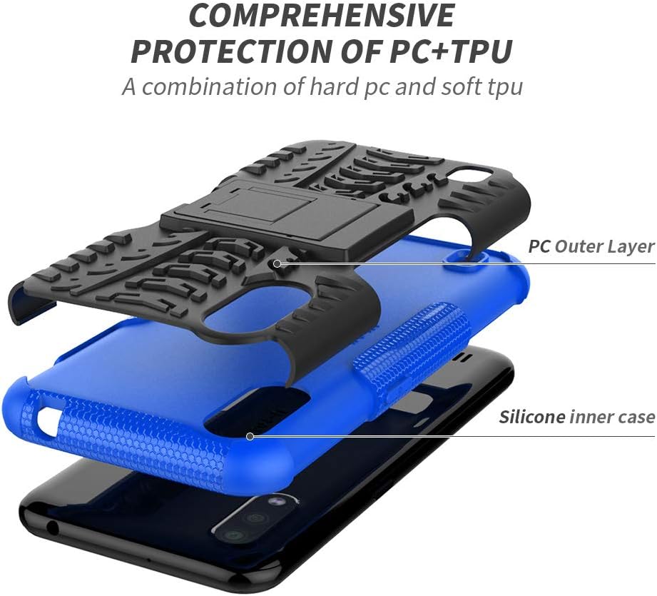 Samsung A01 Case, Samsung Galaxy A01 Case with Screen Protector, Yiakeng Shockproof Silicone Protective with Kickstand Hard Phone Cover for Samsung Galaxy A01 (Blue)