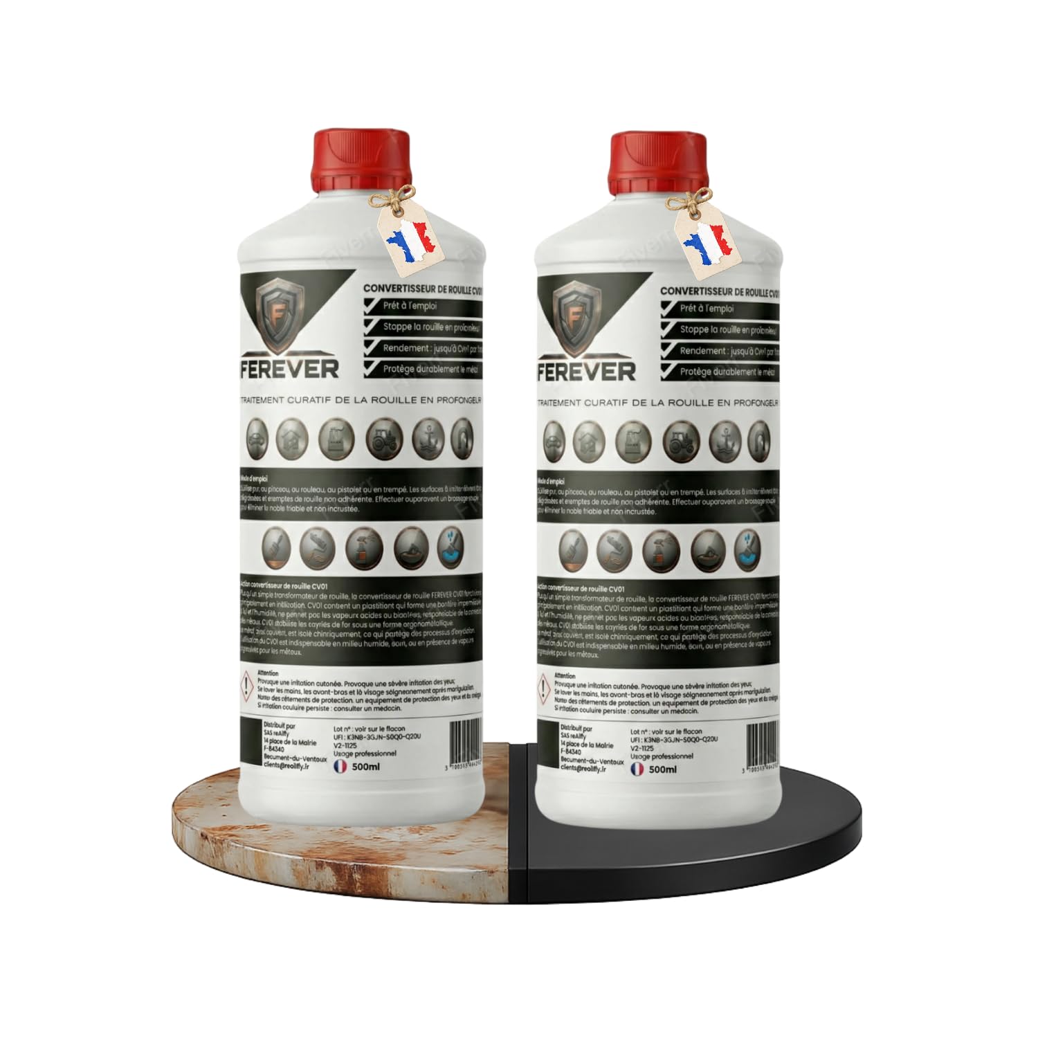 FEREVER Convertisseur de Rouille Antirouille Métal | Stop Rouille Carrosserie Voiture & Extérieur | Destructeur de Rouille – Film Protecteur Noir Mat | Prêt à Peindre | Pinceau Rouleau Spray