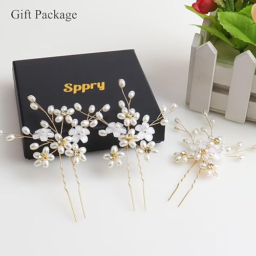 Miniatura 6 de Sppry Horquillas para el pelo de boda (3 piezas)  Elegante perla floral cristal accesorios para el pelo para mujeres nupciales (dorado)