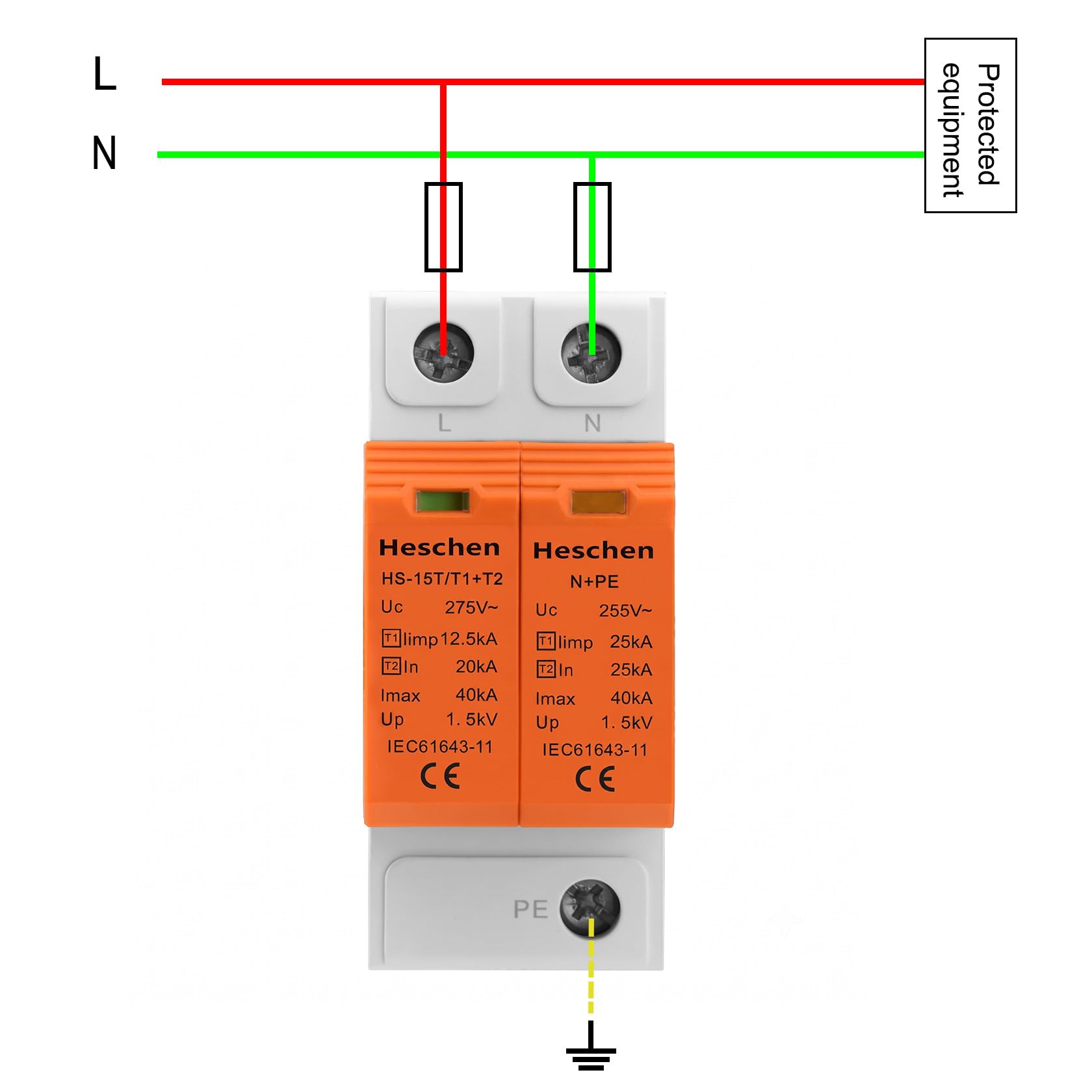 Heschen Dispositivo de protección contra sobretensiones SPD, HS-15T Descargador combinado tipo T1+T2, 1+N-PE 275 V AC, 40 kA, ignífugo, montaje en carril DIN de 35 mm, CE