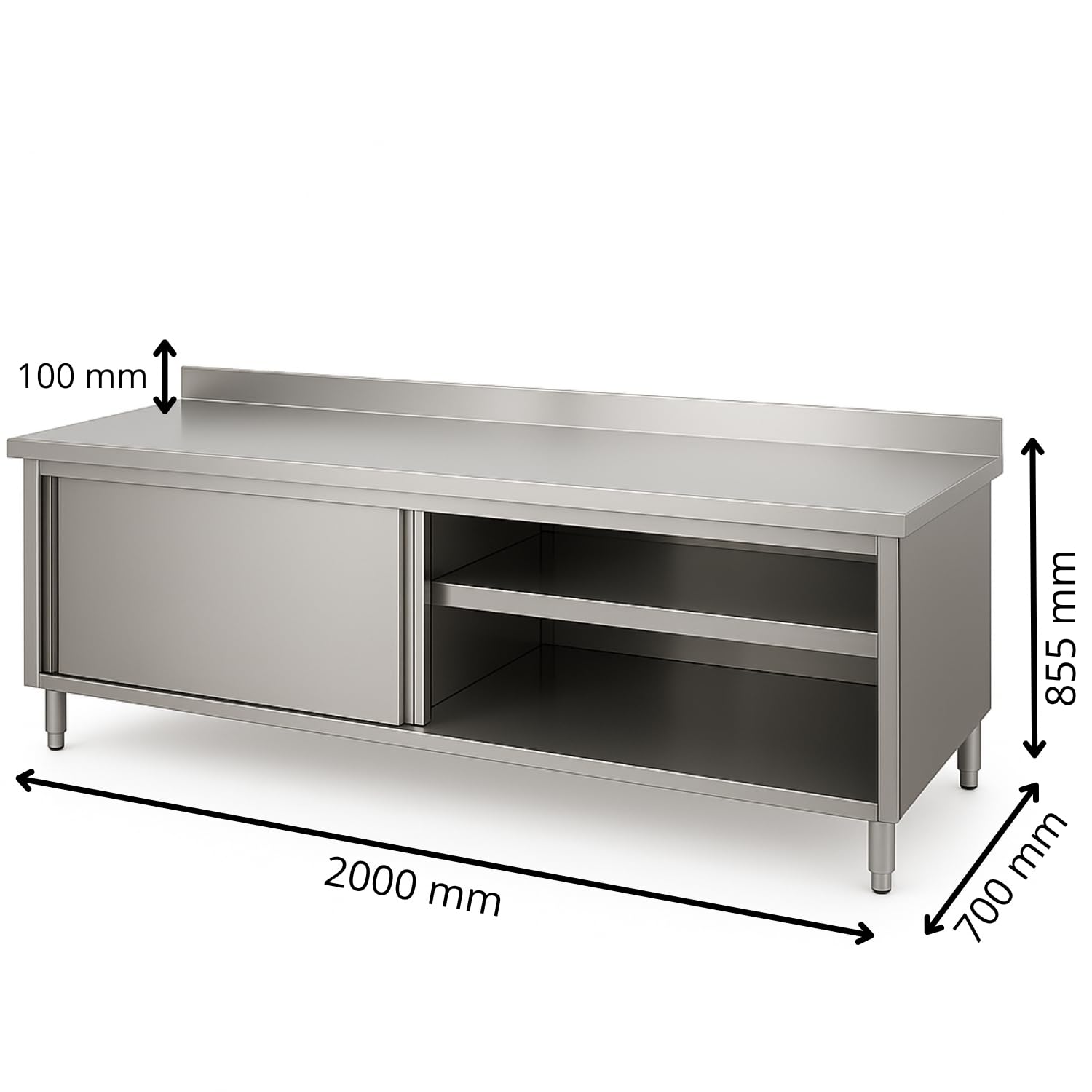 Générique Meuble Neutre INOX adossé Professionnel – 2000 mm de Long – Profondeur 700 mm – dosseret Amovible – Portes coulissantes
