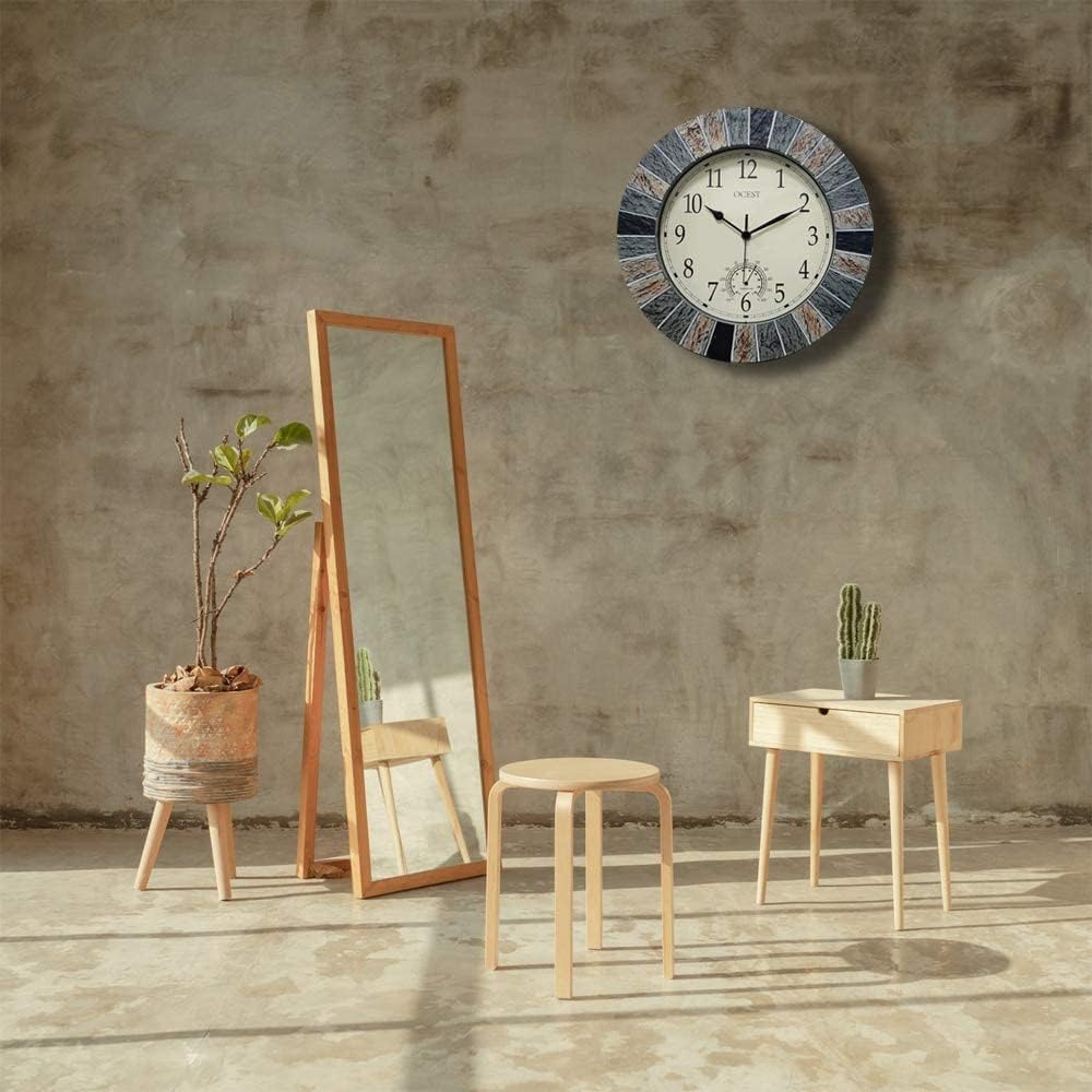 OCEST Horloges de jardin étanches de 33 cm, grande horloge murale rétro avec thermomètre, fonctionne à piles, horloges décoratives sans tic-tac, pour terrasse, piscine, cuisine