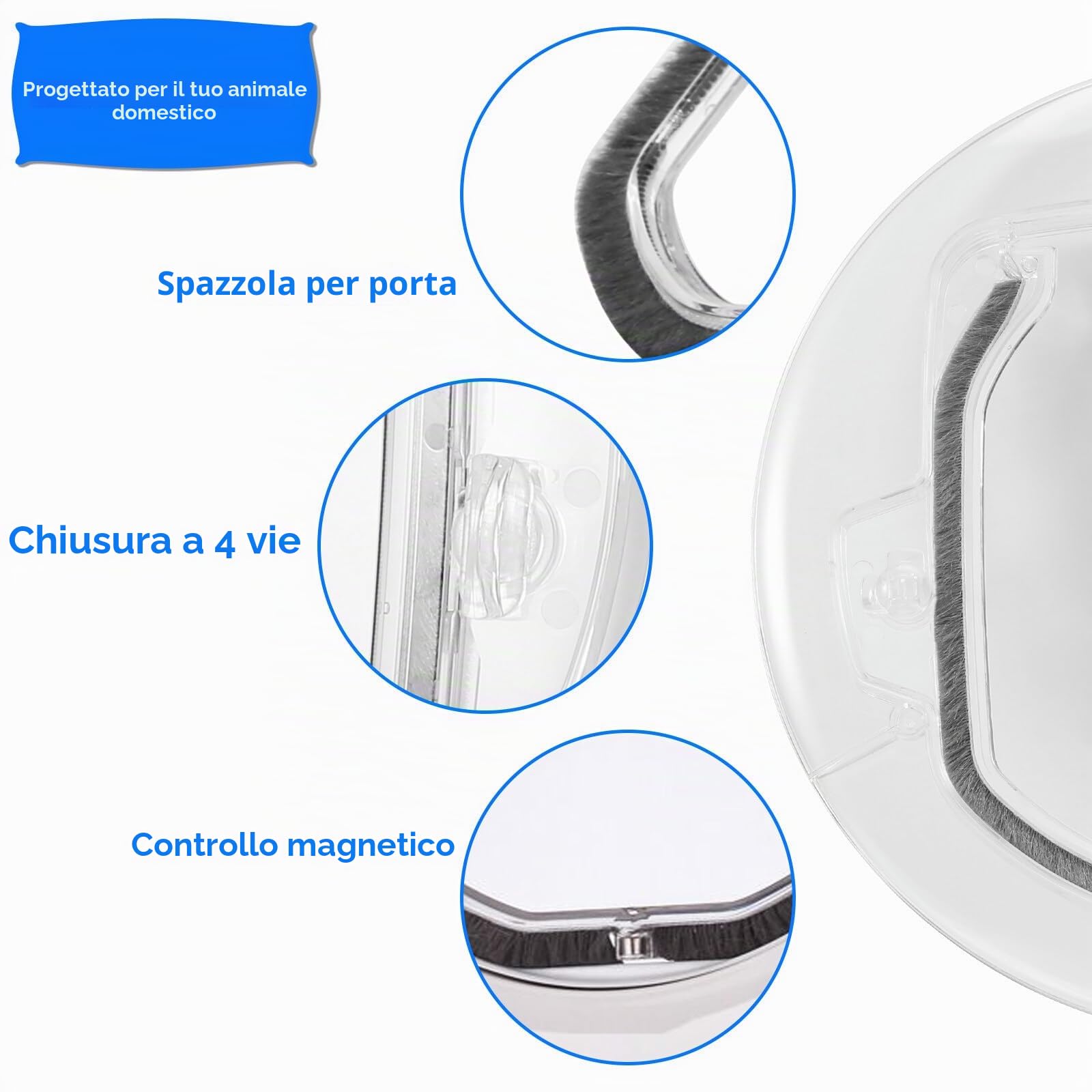 Porta per gatti per porte interne ed esterne, trasparente a 4 vie, con chiusura a 4 vie, cancello rotondo resistente, kit rivestimento gatti cuccioli