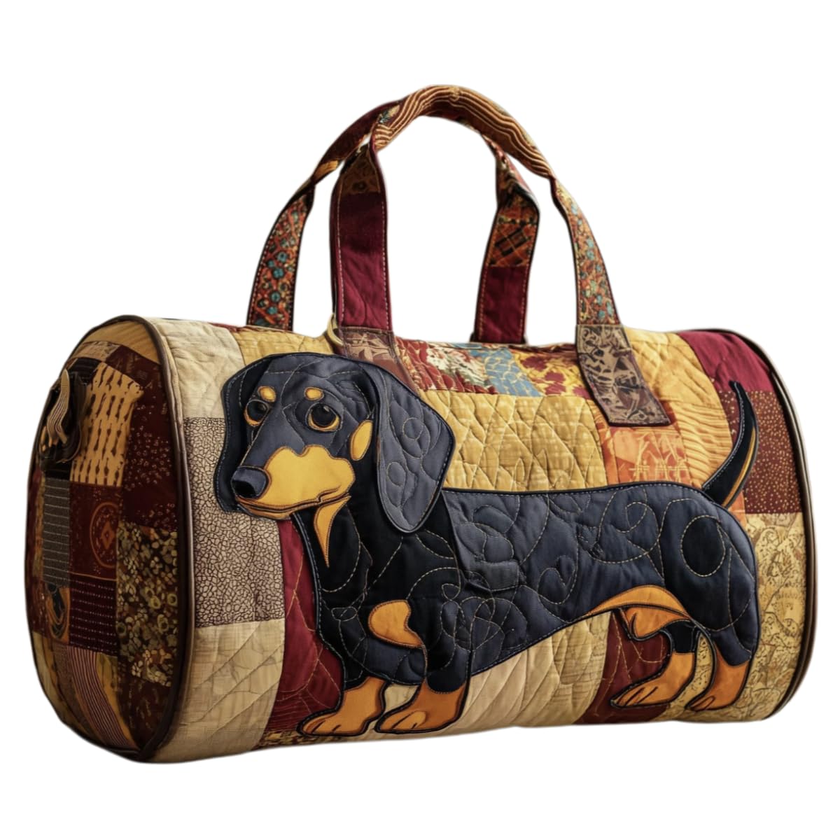 Dachshund Quilted Duffle Bag – Handmade Cotton Weekender Travel Tote Lightweight Overnight Carry On Bag (M (16"x8"x8"))