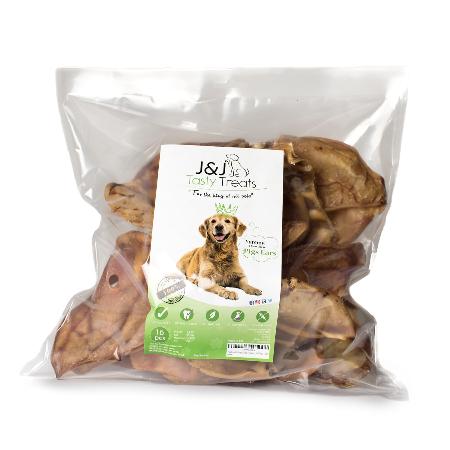 Premium Pigs Ears For Dogs - 16 Large Pieces for Highest Welfare Grade - Whole Natural Dried Healthy Snack Pork Ear Chew Treats by J&J Tasty Treats