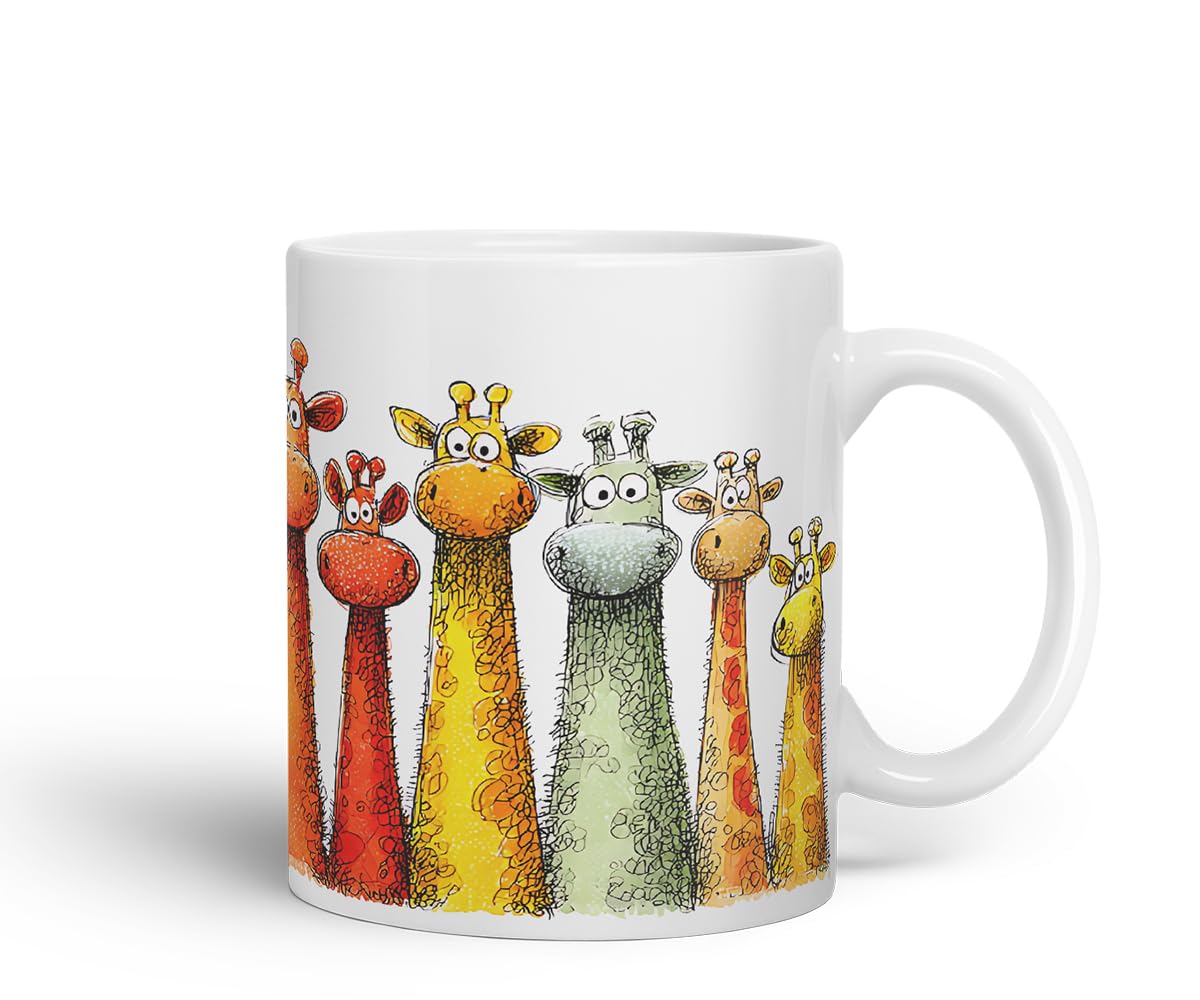 Vixar Funny Colourful Giraffe Friends Design – Cute Giraffe Character Mug for Wildlife & Animal Lovers, Coloured Mug Cup Gift, 11oz (White)