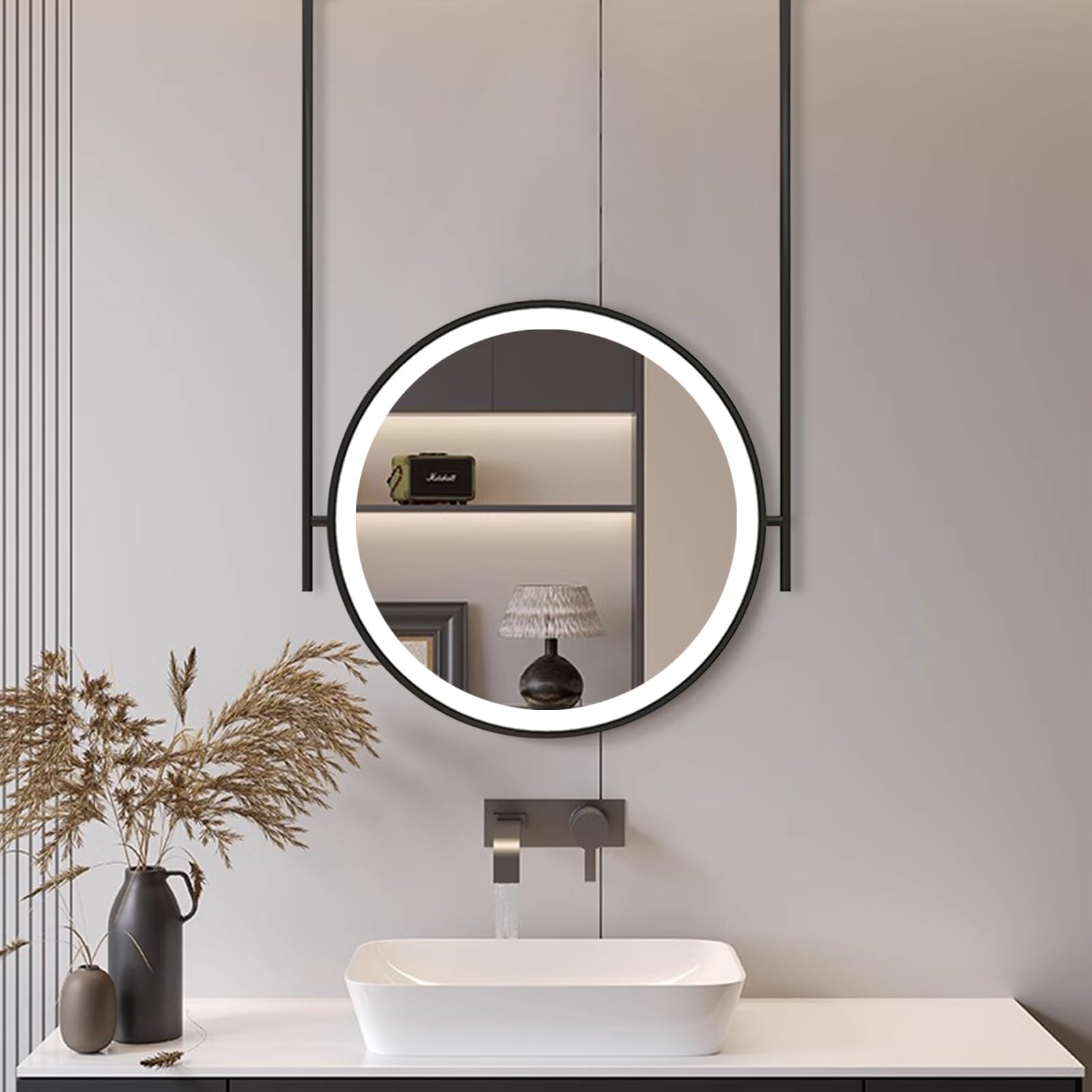 ITOSUI LED Mirror Round Mirror with Ceiling Hanging Rod, Adjustable Lighted Mirror with Touch Button, Bathroom Vanity Makeup Mirrors Wall Mounted Mirror, Black(Diameter-50CM/19.7INCH)