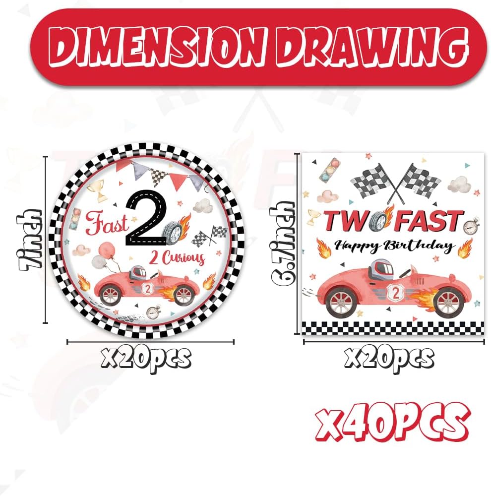 40pcs Race Car 2nd Birthday Party Decorations Tableware Kids Red Two Curious Two Fast Birthday Decorations Party Supplies include Dessert Plates and Napkins,Suitable for 20 Guests - Image 2