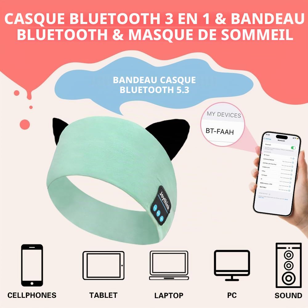 Joythink Casque Bluetooth Enfant pour Dormir, Bandeau Écouteurs Doux avec Masque de Sommeil, Haut-Parleurs Fins Intégrés, Sans Fil, Idéal Voyage Avion, Sieste, Musique,Aqua