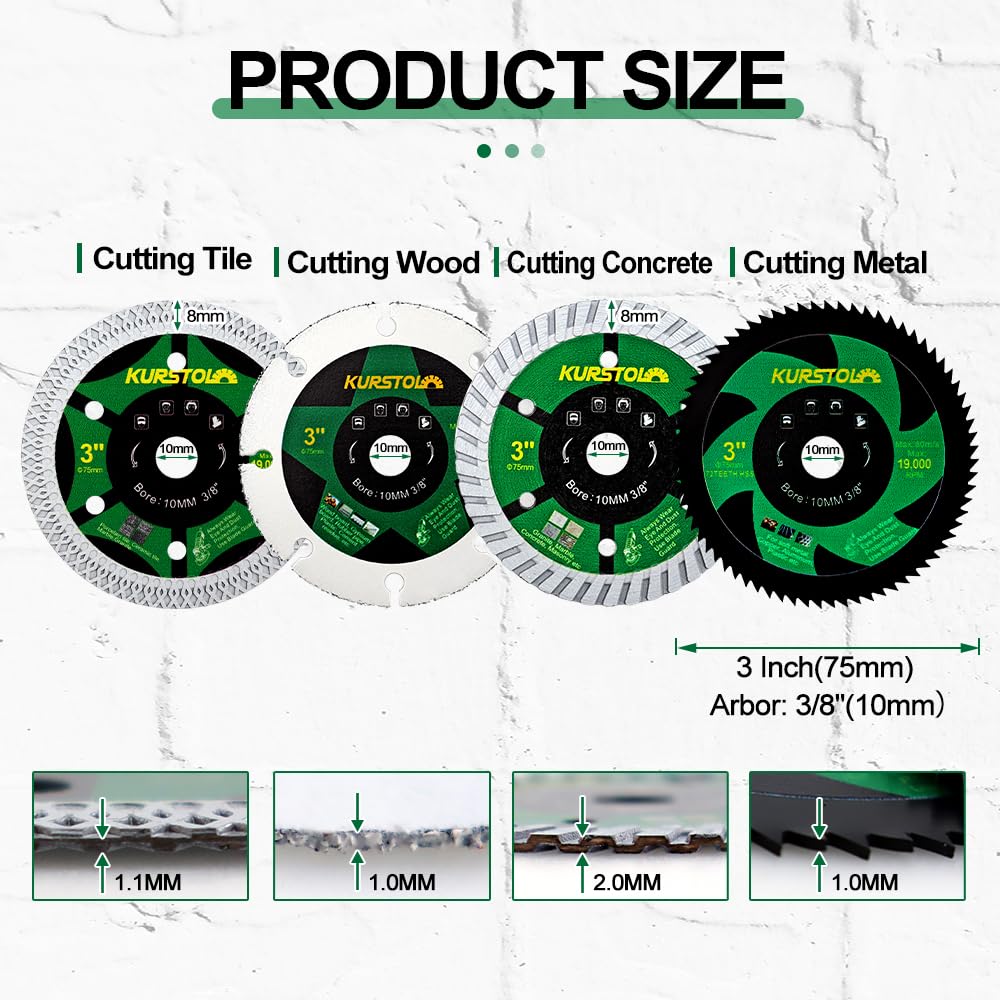 KURSTOL Diamond Saw Blade Set - 4pcs 75mm Cutting Disc for Tile Metal Wood Concrete with 10mm Bore for Mini Angle Grinder - Image 3