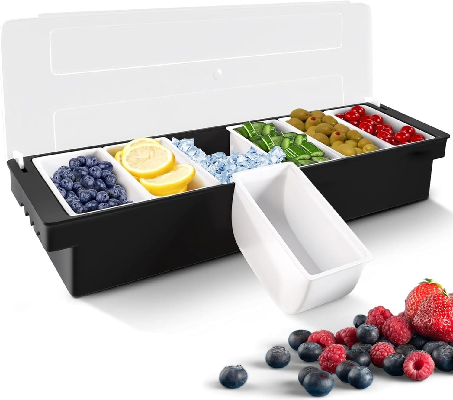 Récipient à condiments glacé avec couvercle - Plateau de service à condiments avec 6 plats amovibles pour fruits, salade, taco, légumes