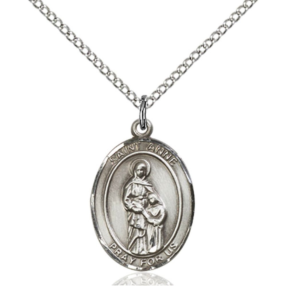 Bonyak Jewelry Saint Medal Collection Sterling Silver St. Anne Pendant 3/4 x 1/2 inches with SS Lite Curb Chain