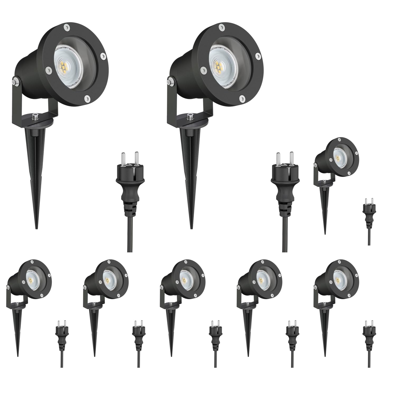 ledscom.de 8x LED Gartenstrahler DUK schwarz mit Erdspieß für außen, Aluminium, inkl. LED GU10 Lampe (warmweiß, 5,4W, 510lm, 45°)