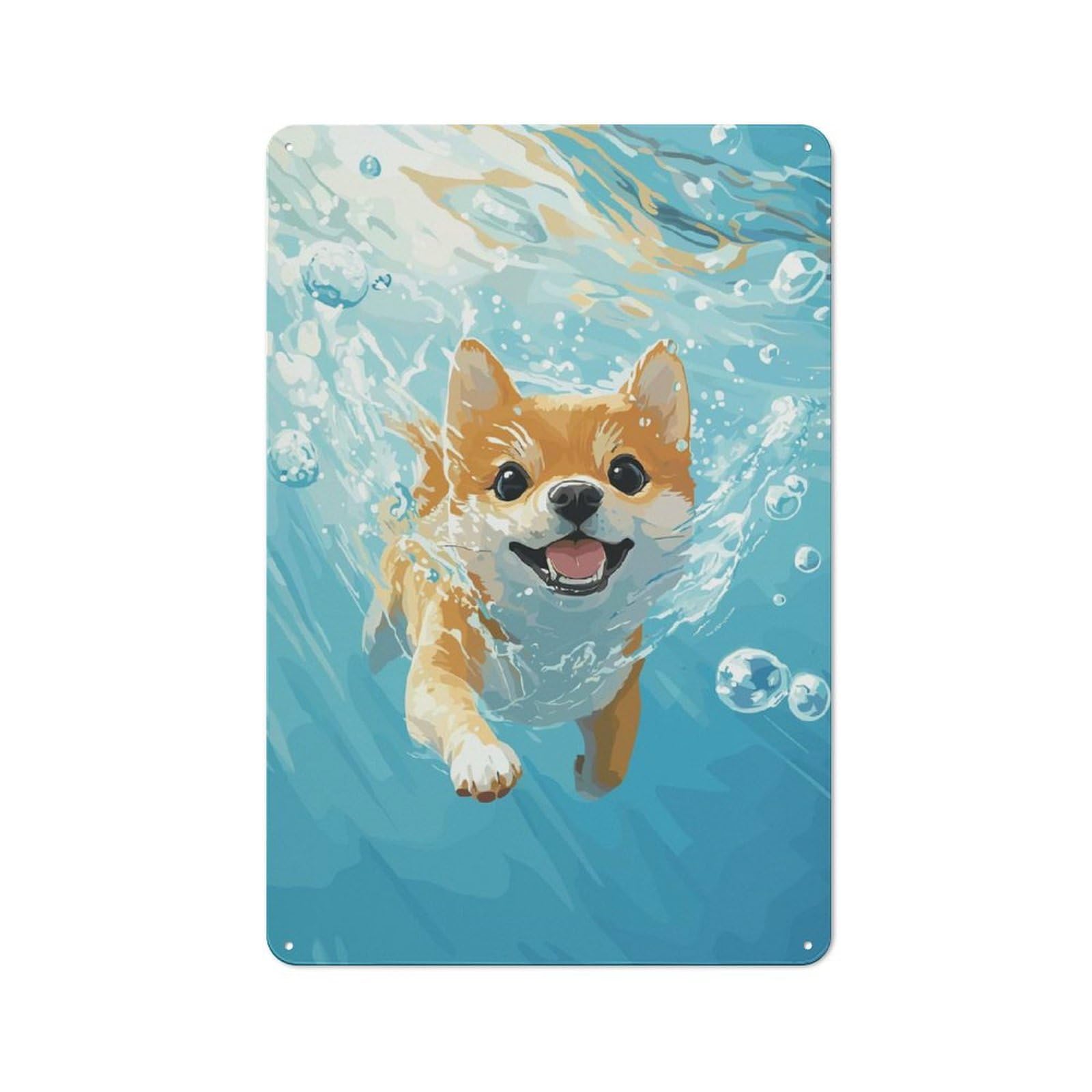 Junmoney Style-20 Retro Metal Plaque 30X20cm Featuring Shiba Inu Swimming Underwater For Workshop Wall, For Metal Sign Collectors, For Garage And Workshop Walls