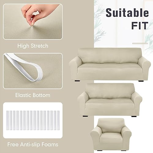 Miniatura 5 de Peryiter Juego de 3 fundas para muebles de sofá, sofá biplaza, sillón, sillón, ajuste elástico, sin arrugas, protector de muebles (beige, elastano