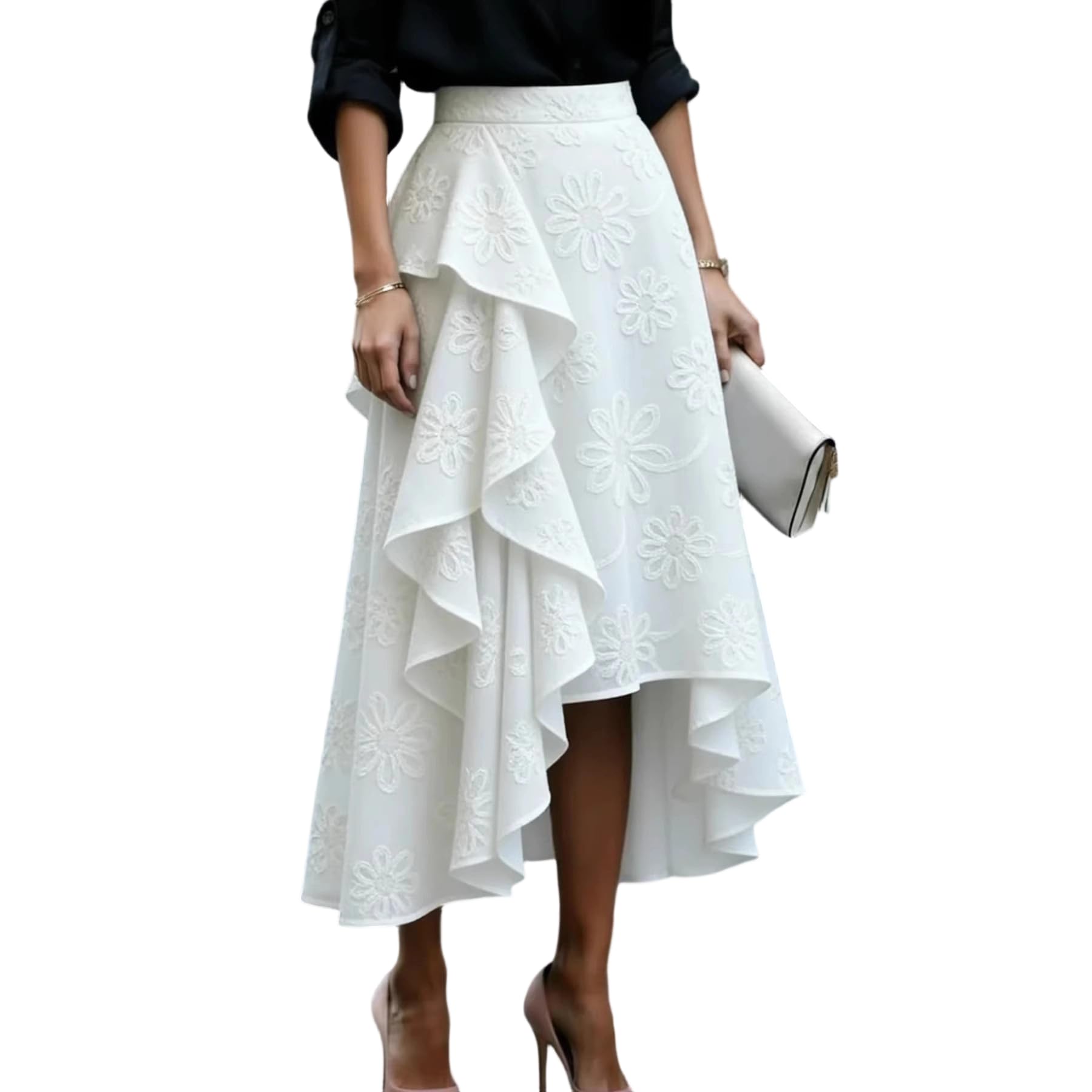 Rock Elegant Damen Festlich Midi Faltenrock Lang Plisseerock A Linie Damenrock Rüschen Midirock High Waist Sommerrock Leicht und Luftig Rüschenrock Skirts for Women