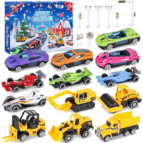 Adventskalender Kinder, Adventskalender 2025 Autos Kinder Spielzeug, 16 Sportwagen Rennspielzeug und Zubehör, 24 Tage Weihnachtskalender Geschenk für 3-12 Jahre alt Jungen Mädchen
