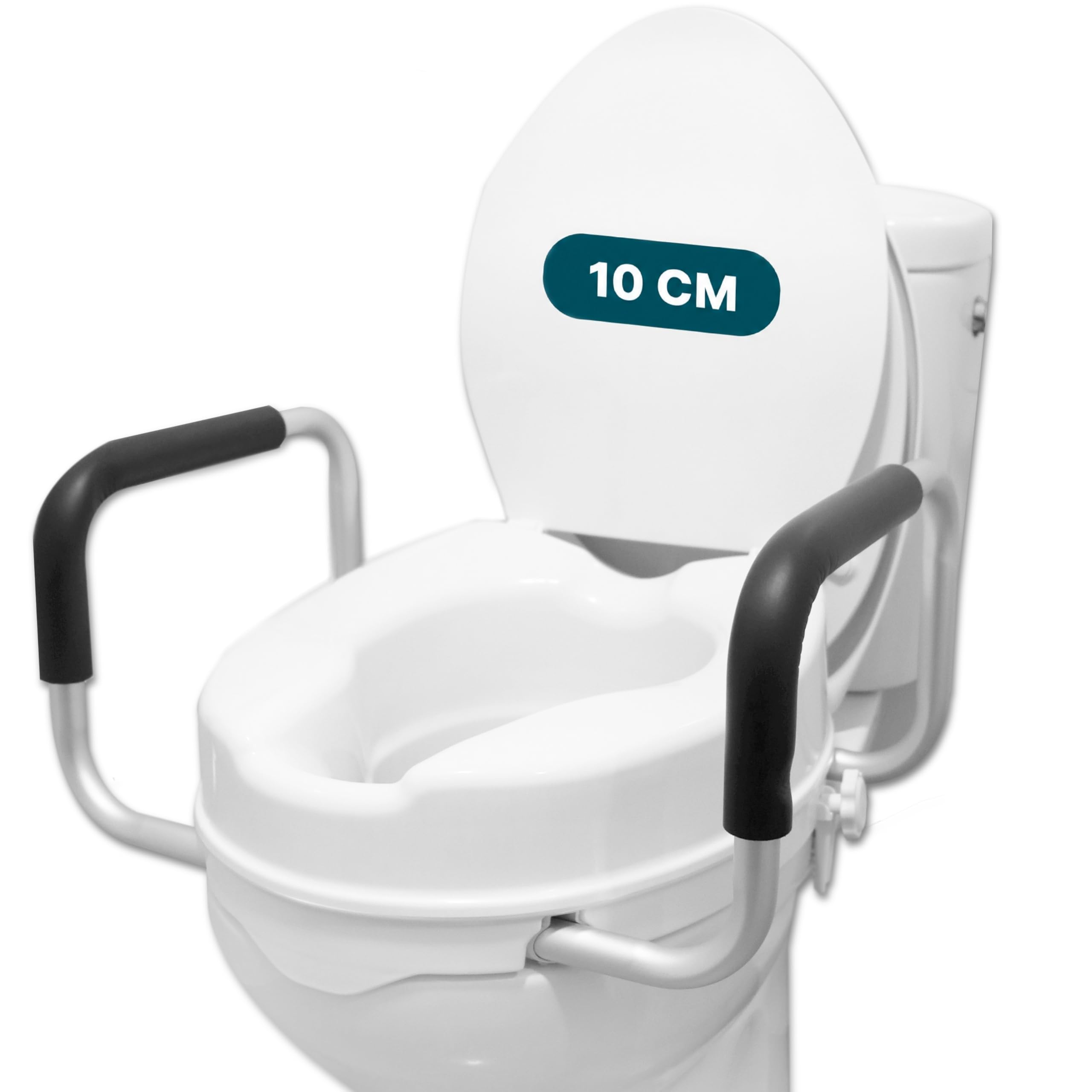 PEPE Mobility Toilettensitzerhöhung mit Armlehnen 10 cm Weiß, WC Sitzerhöhung mit Deckel für Senioren und Erwachsene, Toilettenaufsatz ohne Bohren, erhöhter Toilettensitz für klassische WCs