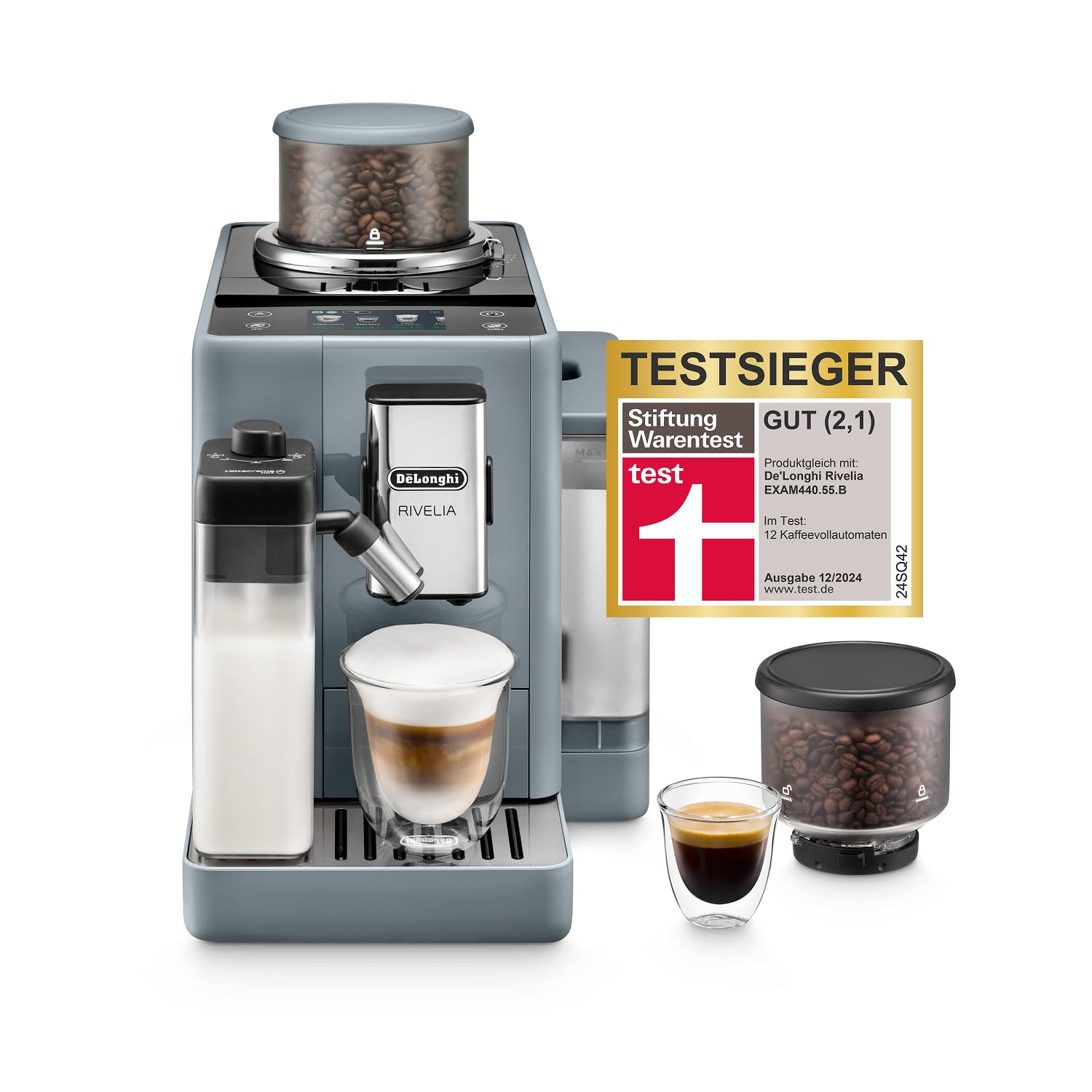 De'Longhi Rivelia EXAM440.55.G Kaffeevollautomat, perfekter Milchschaum, wechselbarer Bohnenbehälter, 16 Kaffee- & Milchgetränke auf Knopfdruck, Extra-Shot-Funktion, 3,5" Touch-Display, Grau