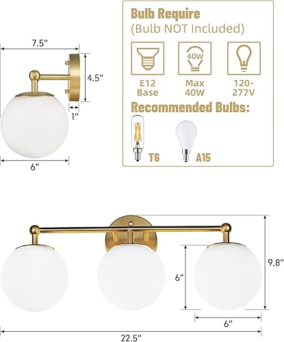 Miniatura 6 de AKEZON Gold Vanity Light for Bathroom, Modern Bathroom Light Fixtures Over Mirror 3-Light with Milky Glass Globe Shade, KW-7308-3