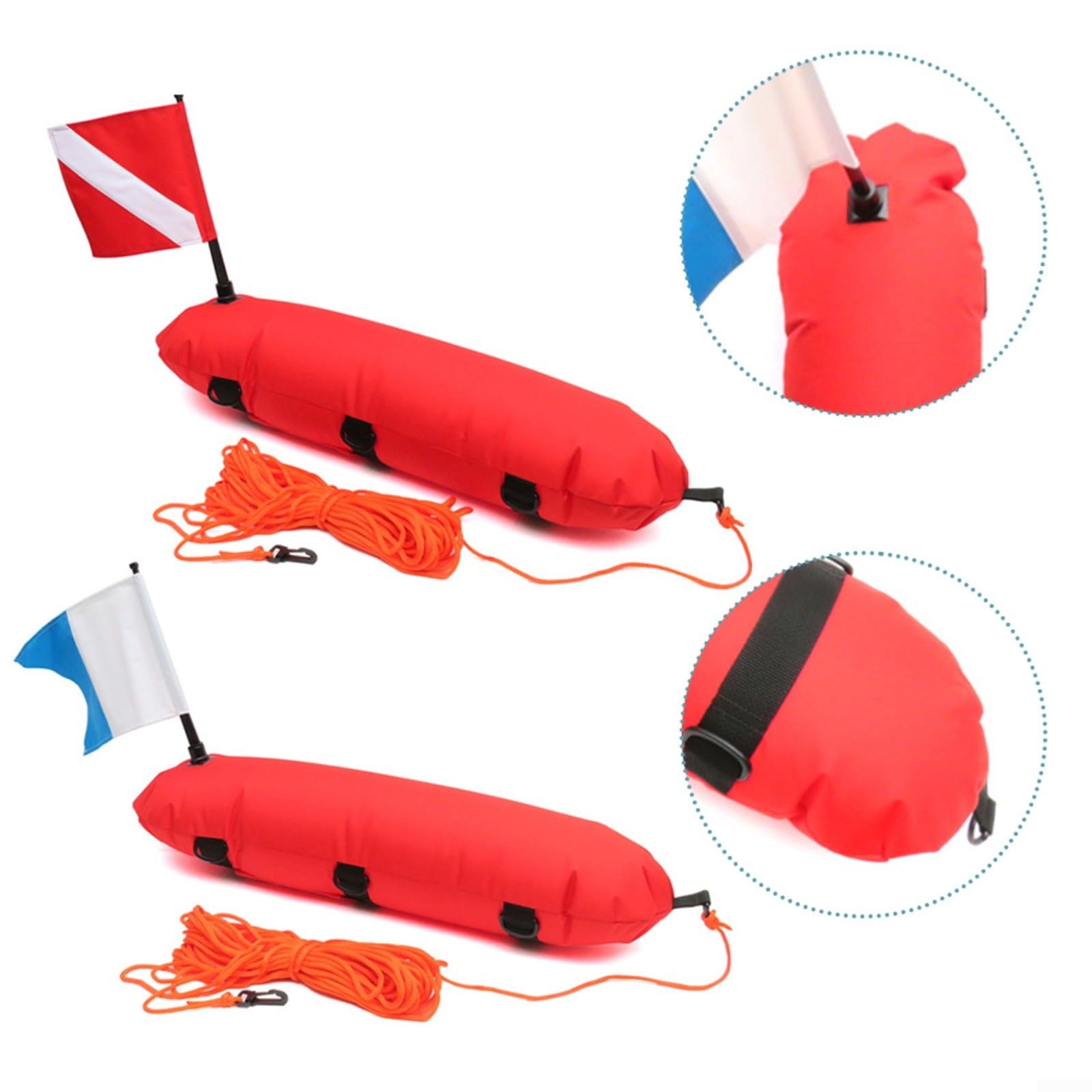 Boya de buceo con bandera de señalización y cuerda de 25 m, cuerpo de flotabilidad 78 LBS para buceo, freediving, snorkel y pesca submarina, boya de alta visibilidad de nailon y PVC (rojo)