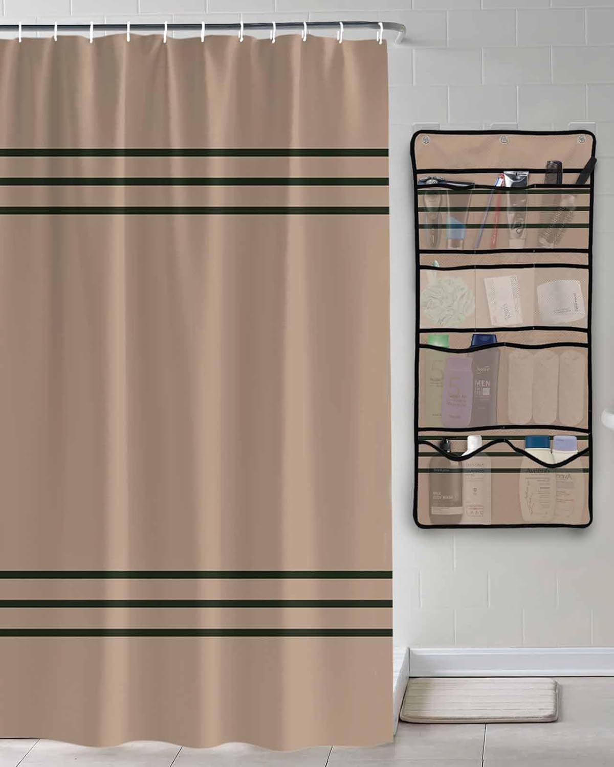Shower Curtain Mesh Shower Organizer Hanging Set Retro Brown Beckground Dark Green Stripes Waterproof Shower Curtains with 10