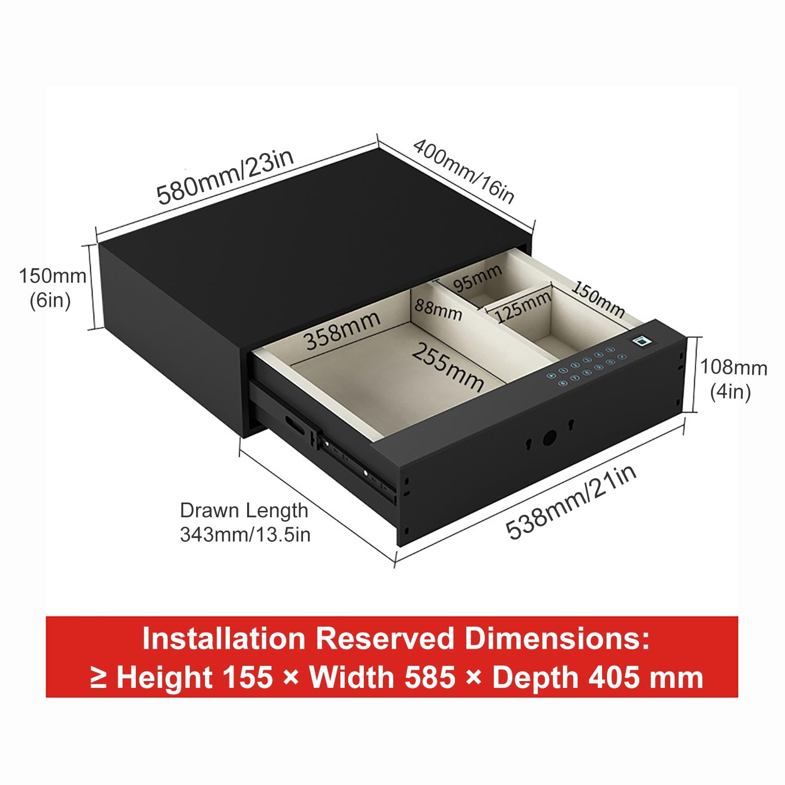 Coffre Fort Discret Coffre-Fort à Tiroir Coffre Fort Encastrable Petit Safe Empreinte Digitale avec 3 Façons de Déverrouiller(580mm/23in)