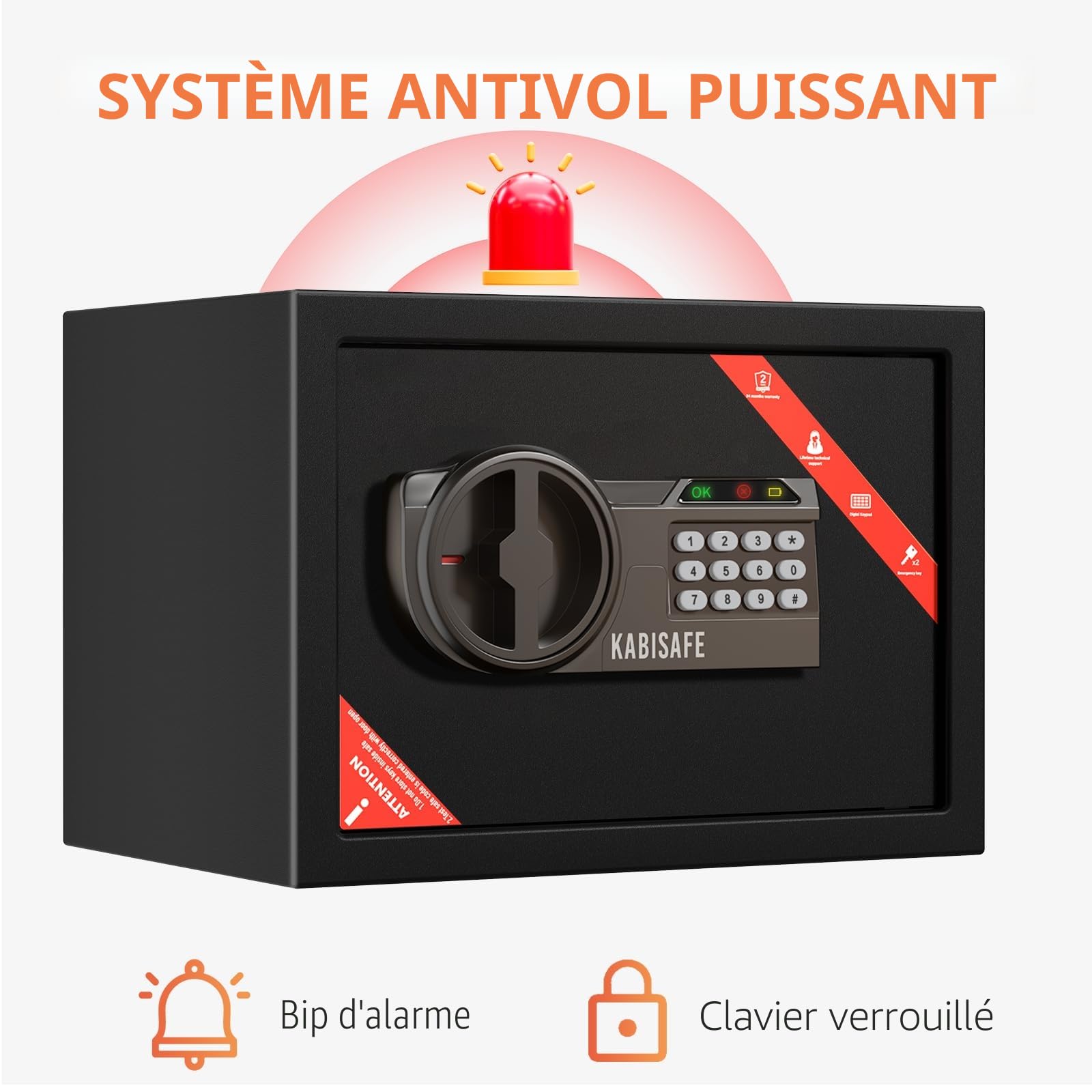 Coffre-fort à code numérique avec alarme et serrure à clé, coffre sécurisé pour maison avec étagère amovible pour bijoux, argent liquide et documents
