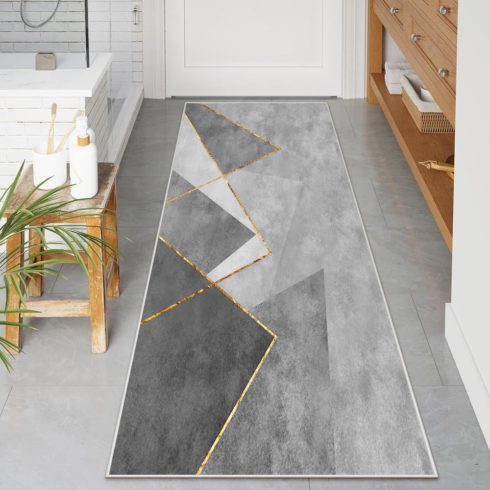 Tappeto Passatoia per Casa, Antiscivolo e Lavabile, per Cucina Corridoio Ingresso,Grigio-Oro Geometrico Moderno，70 x 280 cm
